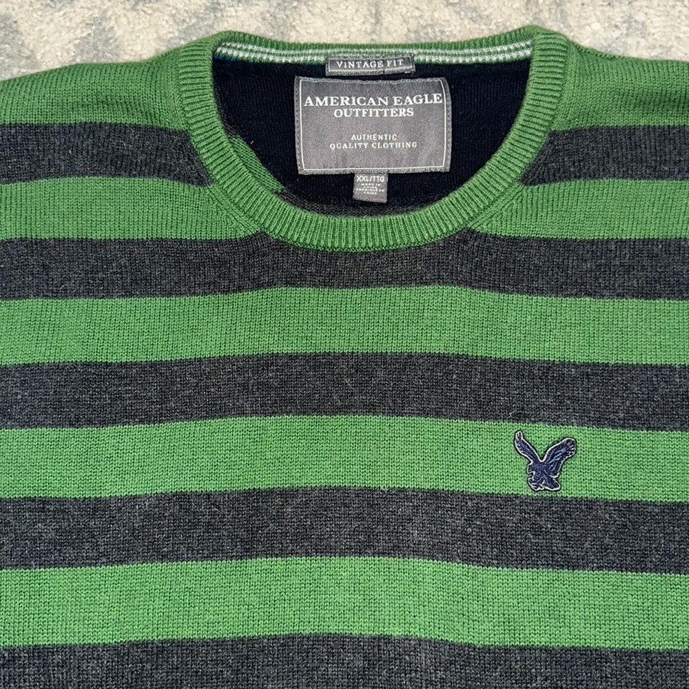 American Eagle Outfitters Green and Gray Striped Crewneck Sweater